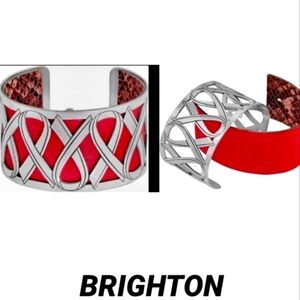 Brighton Christo "Wear Red" Cuff Reversible Bracelet Red Brown Leather Ribbon